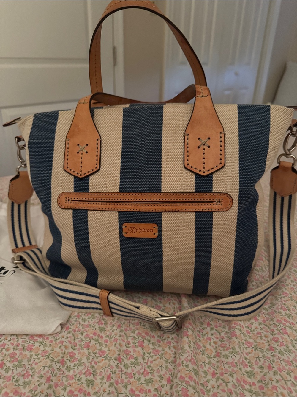 Brighton Navy and Cream Striped Canvas Tote with Tan Leather Accents - Picture 2 of 11